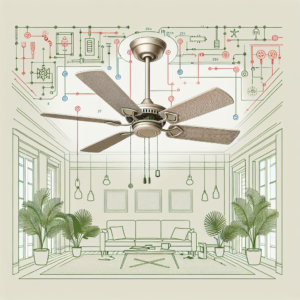 Ceiling fan drawn over a line sketch of a living room with circuit diagram lines