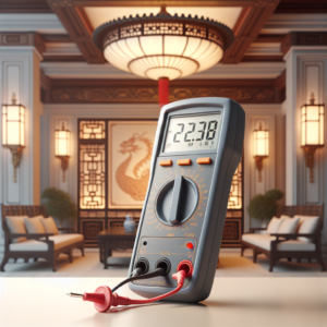 Digital multimeter displaying a reading in a lantern-lit interior