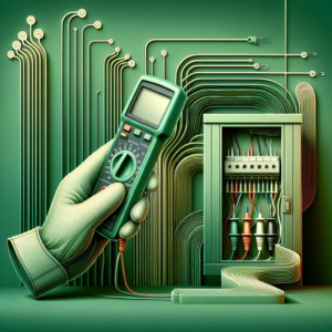 Gloved hand testing an open electrical panel with a multimeter