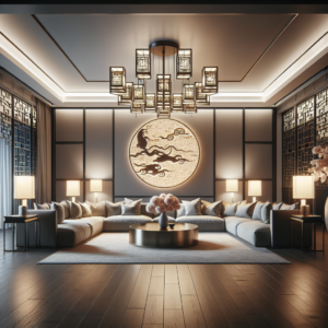 Upscale living room lit by a chandelier and matching wall lamps