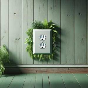 White duplex outlet on green wood panelling surrounded by ferns