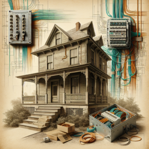 Sketch of an older wooden house with electrical panels and cabling alongside