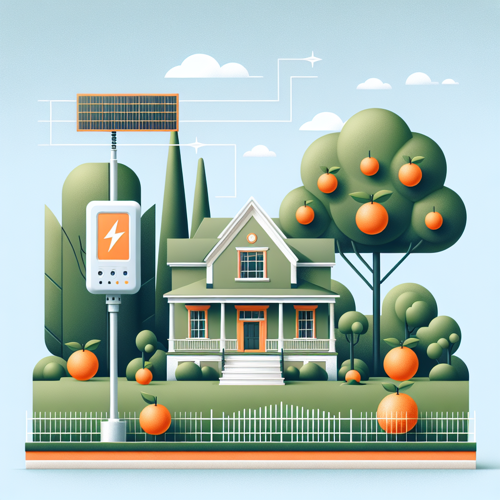 Illustration of a house with a solar panel and charging post among orange trees
