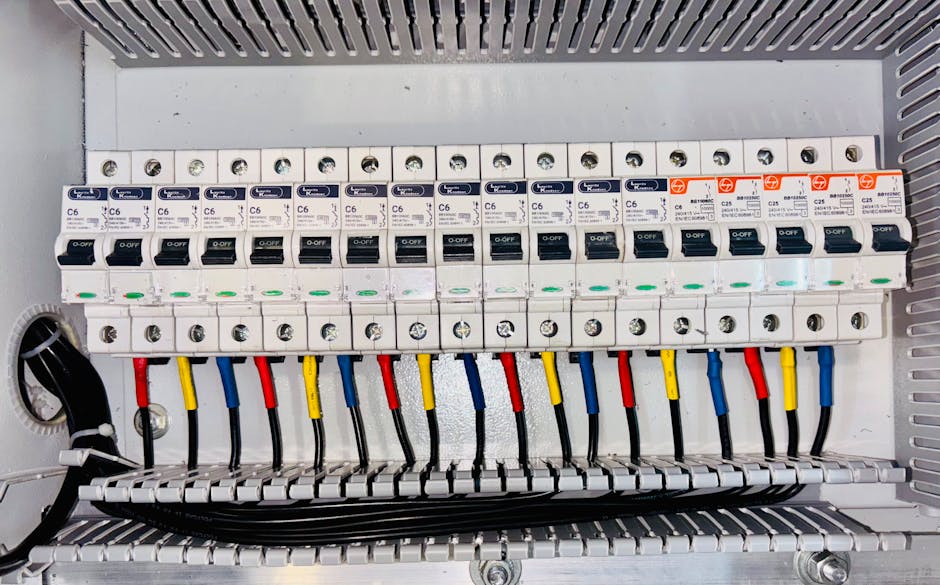 Close-up of an organized residential circuit breaker panel with color-coded wiring
