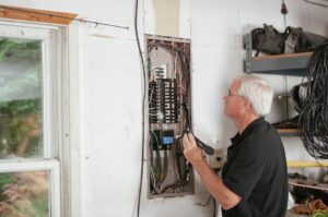 An electrician carefully inspecting a residential fuse box during an emergency service call
