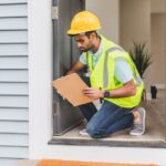 Home inspector in safety gear examining a house interior during a pre-purchase inspection