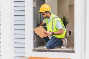 Home inspector in safety gear examining a house interior during a pre-purchase inspection